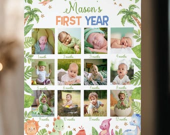 Editable Dinosaur 1st Birthday Photo Collage, Oneasaurus Party Decorations 12 Month Collage, Birthday Milestone Instant Download. D019