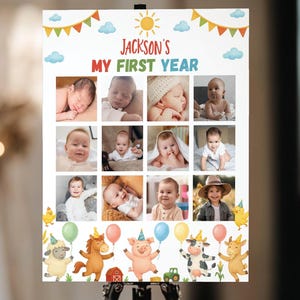 Collage de fotos editable para el primer año, impresión de fotos de 12 meses, collage de fotos para el primer cumpleaños de la granja, póster de fiesta de primer año en la granja, imprimible. A014
