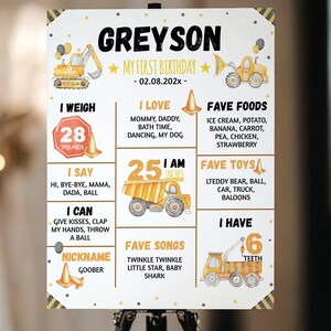 EDITABLE Construction Birthday Milestone Sign, Boy 1st Birthday Milestone Poster, Dump Truck Milestone Board, Printable Template. #C003