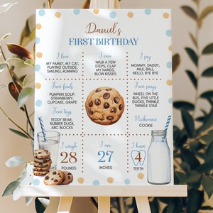 May include: A blue and yellow first birthday milestone poster with a cookie graphic and a glass of milk. The poster lists the child's name, Daniel, and details about their first year, including their favorite foods, toys, songs, and measurements.