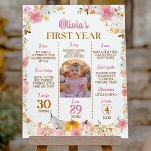 May include: A white milestone birthday sign featuring pink and white floral borders, gold text, and a central photograph of a child. The sign displays text including Olivia's First Year, I love, I say, I can, Fave foods, Fave songs, and I weigh 30 pounds.