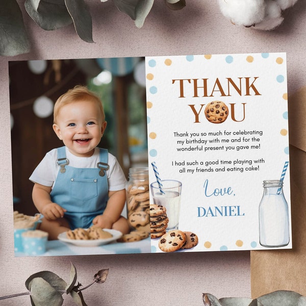 EDITABLE Milk and Cookies First Birthday Thank You Card, Minimal Modern Picture Thank You Card, One Sweet Cookie Birthday Party. C010