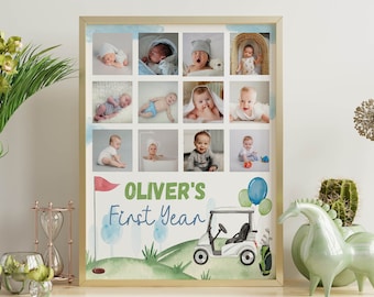 May include: A framed collage of photos of a baby boy, with a golf cart and balloons on a green background. The text "Oliver's First Year" is written in green and blue letters.