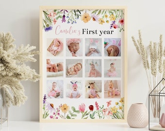 Bewerkbare fotocollage eerste jaar, poster baby eerste jaar, 12 maanden fotoprint, collage van wilde bloemen feestvarken, afdrukbare W011