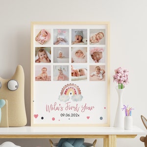 May include: A rectangular framed photo collage featuring twelve individual baby photographs arranged in a grid. Below the photos is a watercolour rainbow illustration, the text "Mila's First Year," and the date "09.06.202x" with small heart and dot accents.