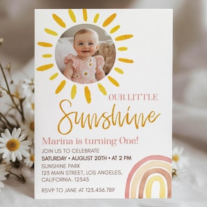 Notre petite invitation d'anniversaire soleil, 1er anniversaire Boho Sun, invitation 1er anniversaire soleil arc-en-ciel, modèle imprimable. R004