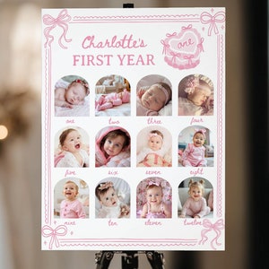 Collage de photos de 1ère année avec noeud rose, jalon photo pour le premier anniversaire d'une fille, décoration de fête rose vintage, affiche d'étape du mois, imprimable. C014