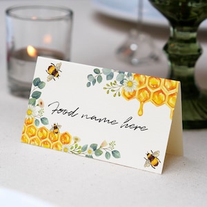 Étiquettes modifiables d'aliments pour les abeilles, carte de nom de nourriture de fête du premier jour des abeilles, carte de tente de nourriture bourdon, carte de buffet d'abeilles, téléchargement immédiat. B002