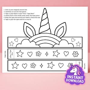 May include: A black and white unicorn hat template with instructions. The design includes a unicorn horn, ears, a rainbow, clouds, stars, hearts, and flowers. The text says "Color in your magical unicorn hat" and "Instant Download".