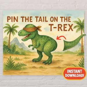 Pin the Tail on the Dinosaur Printable Game | 16x20 Poster + Tails + Wild Cards | Dinosaur Birthday Party Activity | Instant Download Fun!