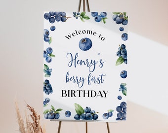 EDITABLE Blueberry Birthday Party Welcome Sign, Strawberries First Birthday Party Sign, Berry Sweet Birthday Decor, Printable Template. B013
