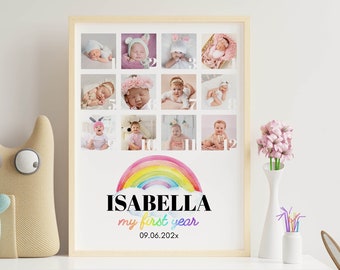 Editable First Year Photo Collage, 12 Month Photo Print, Rainbow First Birthday Photo Frame, Baby First Year Poster, Printable Template R006