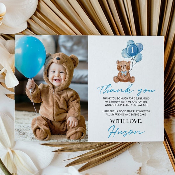 EDITABLE Beary First Birthday Thank You Card, Modern Blue Bear Picture Thank You Card, Bear Birthday Party Favor Card, Instant Download T004