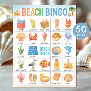 Jogo de bingo de praia para imprimir para crianças, atividade de férias de verão, cartão de bingo de aniversário de animais do oceano, jogo divertido para festa na praia, download instantâneo.