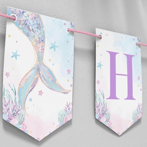 Editable Mermaid Birthday Banner, Mermaid Birthday Decorations, Under The Sea Birthday Party Banner, Customizable Template. M010