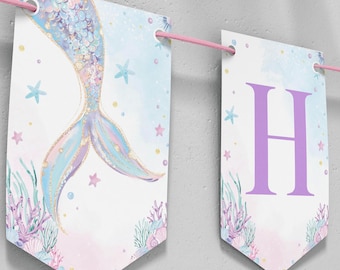 Editable Mermaid Birthday Banner, Mermaid Birthday Decorations, Under The Sea Birthday Party Banner, Customizable Template. M010