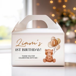 Etiqueta para caixa de presente de aniversário de urso EDITÁVEL, etiqueta para primeiro aniversário de urso, lembrancinhas de festa de urso, modelo para impressão. T004