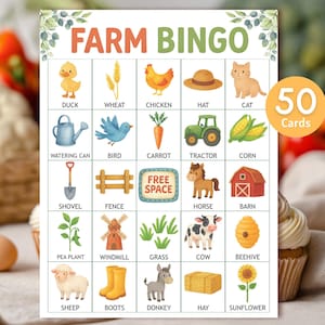 Juego de bingo de granja imprimible, juego de actividades para cumpleaños de granero, bingo de cumpleaños de granja, juego de baby shower de animales de granja, descarga instantánea