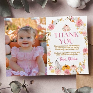 EDITABLE Pumpkin 1st Birthday Thank You Card, Boho Pumpkin Picture Thank You Card, Our Little Pumpkin Is One Birthday, Instant Download P015