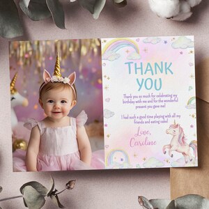 EDITABLE Unicorn 1st Birthday Thank You Card, Girl First Birthday Picture Thank You Card, Pink Unicorn Birthday Party, Printable Card. U004