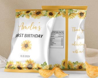 May include: A white chip bag with a sunflower design and the text "Amelia's First Birthday 15.10.202X". The back of the bag has the text "Thank you for celebrating with me!" and a nutrition facts label.