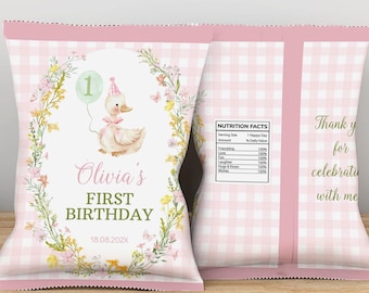 Bolsa de papas fritas con diseño de ganso tonto (editable), ideal para fiestas de cumpleaños de niñas. Plantilla imprimible. G008