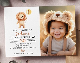 EDITABLE Wild One Birthday Photo Invitation, Lion 1st Birthday Invite, 1st Birthday Boy Invitation, 1st Birthday Invitation, Printable. L006
