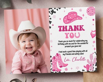 EDITABLE Disco Cowgirl Birthday Thank You Card, Cowgirl Birthday Photo Thank You Card, Western Birthday Favor Card, Instant Download. C012