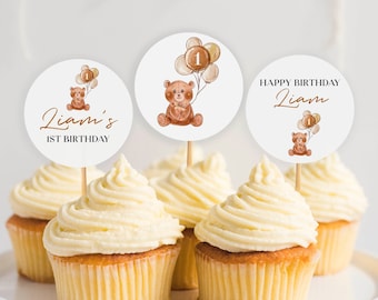 Editable Bear Cupcake Topper, Teddy Bear Birthday Cupcake Topper, Bear First Birthday Party Decor, Instant Download, Printable Template T004