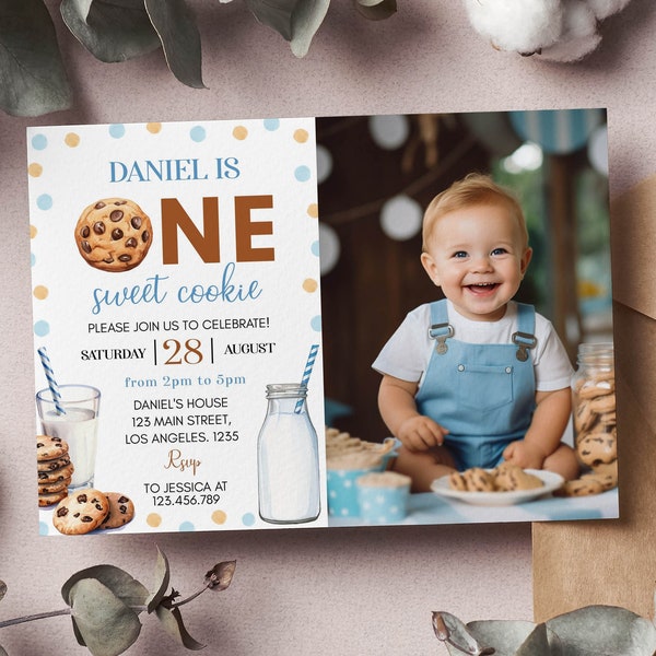 EDITABLE Milk and Cookies First Birthday Photo Invitation, Boy 1st Birthday Party, One Sweet Cookie Printable Birthday Card. C010