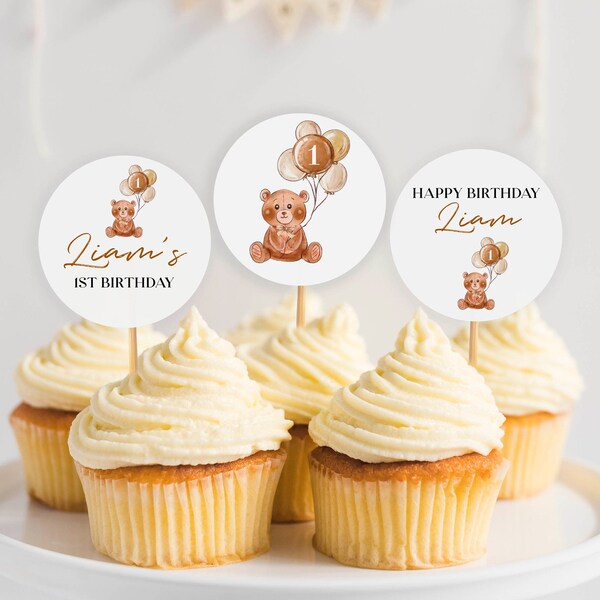 Editable Bear Cupcake Topper, Teddy Bear Birthday Cupcake Topper, Bear First Birthday Party Decor, Instant Download, Printable Template T004