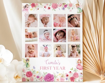 Cartel fotográfico para el primer cumpleaños de una hada, póster del primer año de una hada bebé, collage mensual de fotos de flores silvestres para niña, plantilla imprimible. F019