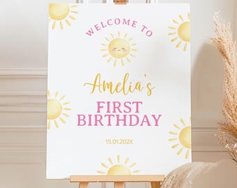 EDITABLE First Trip Around The Sun Welcome Sign, Sunshine Party Sign, Girl First Birthday Welcome Sign, Instant Download. S025