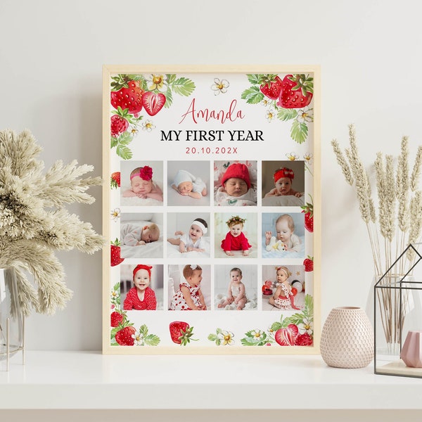 Editable First Year Photo Collage, Monthly Photo Print, Strawberry First Birthday Photo Frame, Baby First Year Poster, Instant Download S009