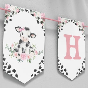 Editable Holy Cow I&#39;m One Birthday Banner, Farm Girl Birthday Party Decoration, Floral Farm Birthday Party Printable, Instant Download. C009