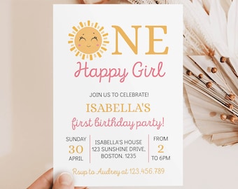 Editable First Trip Around The Sun Invitation, One Happy Girl Birthday Invite, Sunshine 1st Birthday Invitation, Printable Template. S018