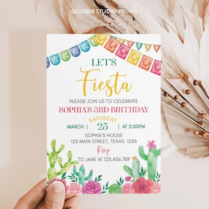 Convite de aniversário EDITÁVEL Fiesta, convite de aniversário com tema mexicano, cartão de aniversário de cacto, modelo para impressão, para impressão. F018