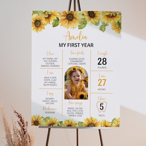 Letrero de cumpleaños con girasol editable, cartel de hito de cumpleaños bohemio para niña, tablero de cumpleaños con flores de sol, plantilla imprimible. S014