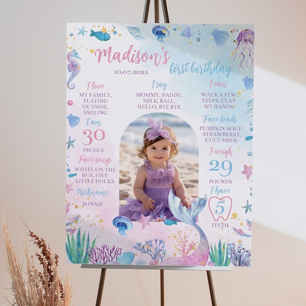 EDITABLE Mermaid Milestone Photo Poster, Mermaid 1st Birthday Chalkboard Sign, Mermaid Birthday Decorations, Under The Sea Party. M006