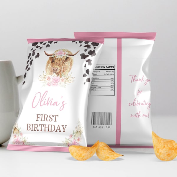EDITABLE Holy Cow I'm One Birthday Chip Bags, Cow First Birthday Snack Bags, Highland Cow Birthday Party Favors, Printable Template. C007