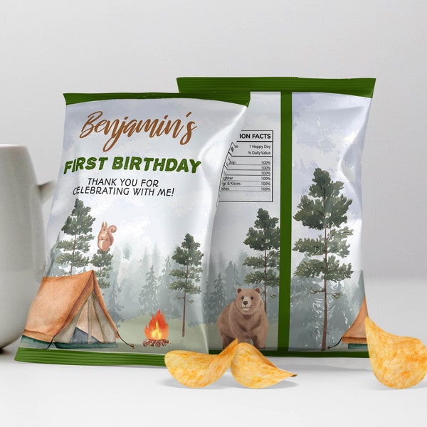 EDITABLE Little Camper First Birthday Chip Bags, Camping Birthday Party Snack Bags, Woodland Birthday Party Favors, Instant Download C006