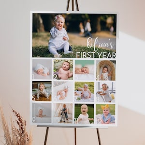 Collage photo modifiable pour la première année, impression photo mensuelle pour bébé, jalon minimal du 1er anniversaire, affiche première année pour bébé, modèle imprimable M004
