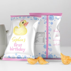 EDITIERBARE Gummi Entchen Geburtstag Chip Tasche, Gelbe Ente Geburtstag Leckerli Tasche, Mädchen Geburtstag Party Favor, Printable. D008