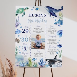 Tablero de hitos del primer cumpleaños editable bajo el mar, póster fotográfico de hitos de Oneder The Sea, letrero de hitos de fiesta en el océano, imprimible. O004