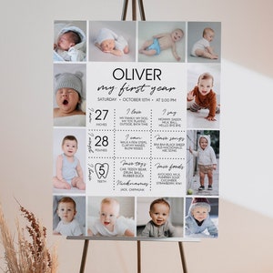 EDITABLE First Birthday Milestone Sign, Modern 1st Birthday Milestone Poster, One Year Photos Baby Milestone Board, Printable Template. M004