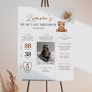 Affiche MODifiable Beary premier anniversaire, panneau photo ours en peluche, panneau de statistiques de fête Boho ours brun, téléchargement immédiat. T004
