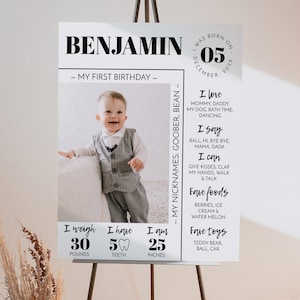 Affiche MODIFIABLE pour le premier anniversaire, panneau moderne pour le premier anniversaire du premier anniversaire, panneau d'étape photo bébé d'un an, modèle imprimable M004