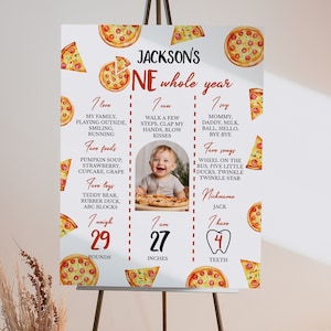 Tablero editable de hitos para el primer cumpleaños de una fiesta de pizza, póster con foto de hitos para niños, letrero imprimible para fiesta de pizza. P013