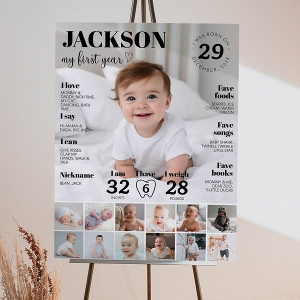 Editierbares Baby-Meilensteinschild für das erste Jahr, modernes Meilenstein-Poster zum 1. Geburtstag, ein Jahr Foto-Meilensteintafel für Babys, druckbare Vorlage. MI01