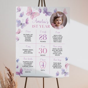 Tableau modifiable d'étape importante de papillon, affiche d'étape importante de photo de 1er anniversaire de fille, signe d'étape importante d'anniversaire de papillon, modèle imprimable. #B011